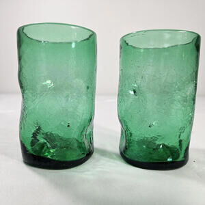 Set of 2 Vintage Pilgrim Pinched Crackle Glass Tumblers Green Handblown MCM VTG